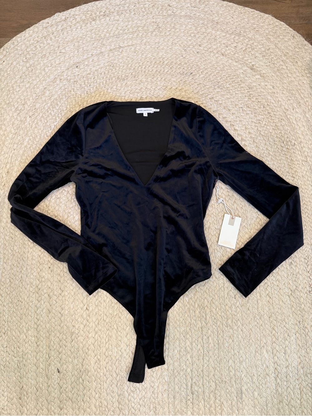 Good American Black Velvet Long-Sleeve V-Neck Bodysuit